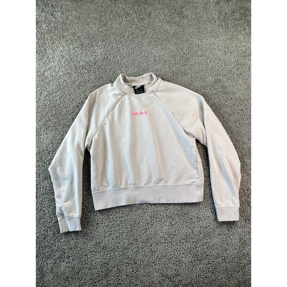 Nike Sportswear Sweatshirt Womens Small Beige Pink Newsprint Just Do It FLAW - Picture 2 of 14